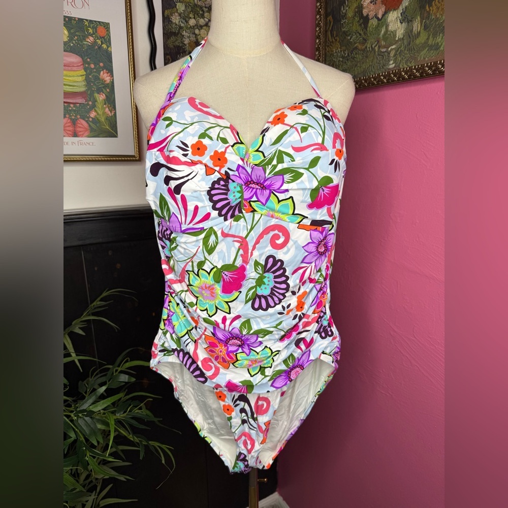 Anne Cole Fleetwood Floral Print Twist Bandeau One-Piece Swimsuit Sz 16